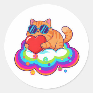 Pegatina Redonda Cute Orange Cat Holding Red Heart on Rainbow Cloud