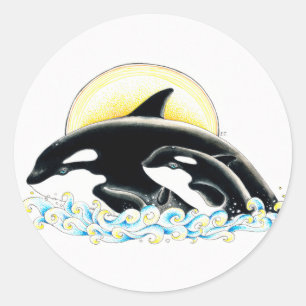 Pegatina Redonda Cute Orca Arte de tinta familiar