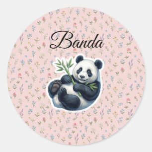 Pegatina Redonda Cute Oso Panda de Acuarela Sosteniendo Vinilo de B