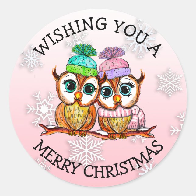 Pegatina Redonda Cute Owl Pareja Feliz Navidad (Anverso)