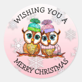 Pegatina Redonda Cute Owl Pareja Feliz Navidad