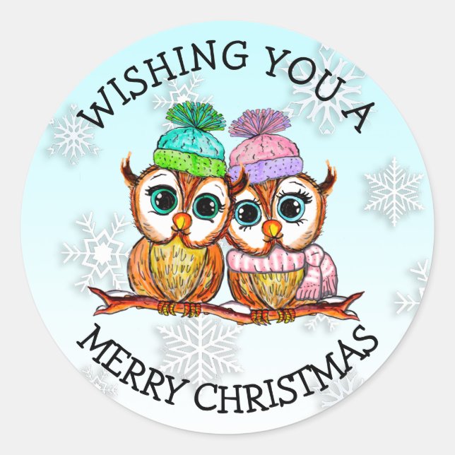 Pegatina Redonda Cute Owl Pareja Feliz Navidad (Anverso)
