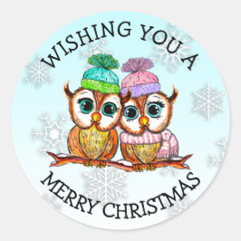 Pegatina Redonda Cute Owl Pareja Feliz Navidad