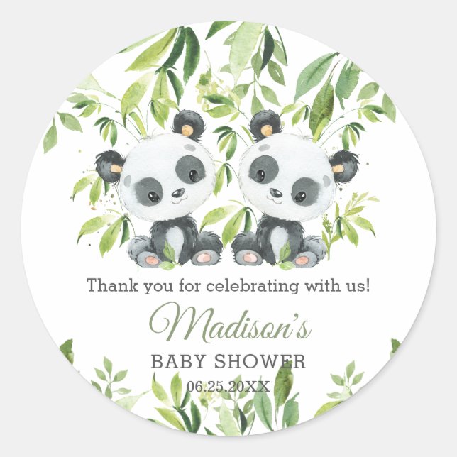 Pegatina Redonda Cute Panda Bamboo Greenery Twins Baby Shower (Anverso)