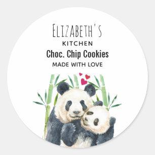 Pegatina Redonda Cute Panda Bears Cuddling Watercolor Cocina