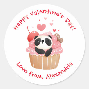 Pegatina Redonda Cute Panda en Cupcake Personalizado Día de San Val