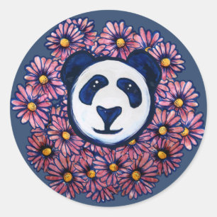 Pegatina Redonda Cute Panda Oso Flor Artística Fun Pandas Bears