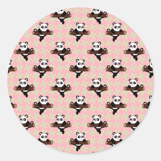 Pegatina Redonda Cute Panda Pattern on Pink – Kawaii Seamless  (Anverso)