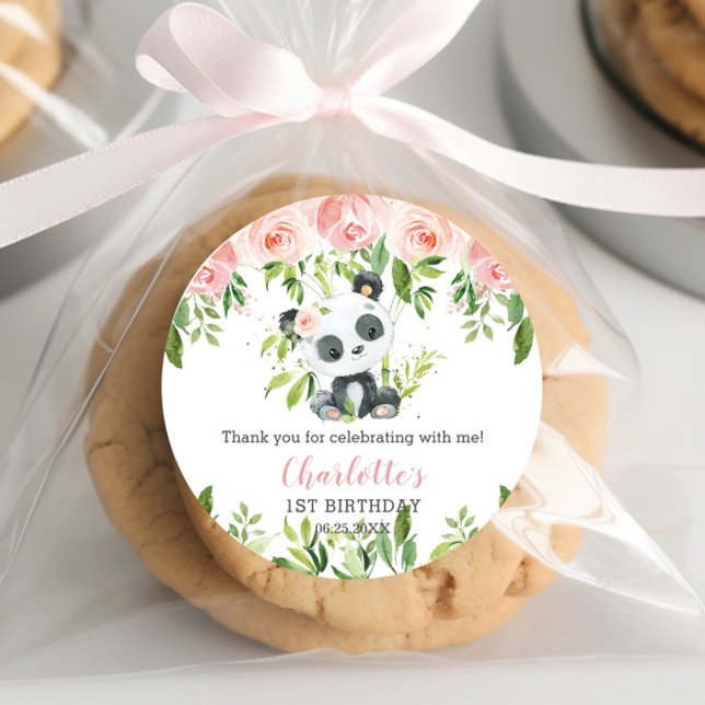 Pegatina Redonda Cute Panda Pink Floral Bamboo Baby Shower Cumpleañ (Subido por el creador)