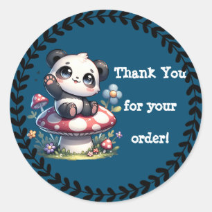 Pegatina Redonda Cute Panda Sitting on Mushroom Gracias