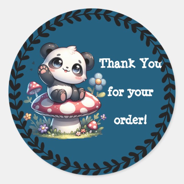 Pegatina Redonda Cute Panda Sitting on Mushroom Gracias (Anverso)