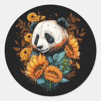 Pegatina Redonda Cute Panda Sunflower Lover Dibujo Arte