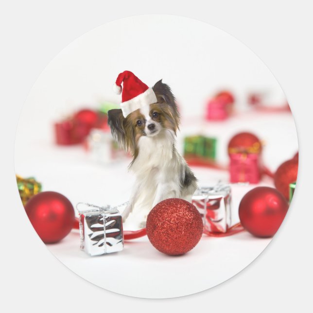 Pegatina Redonda Cute Papillon Dog Navidades Santa Hat (Anverso)