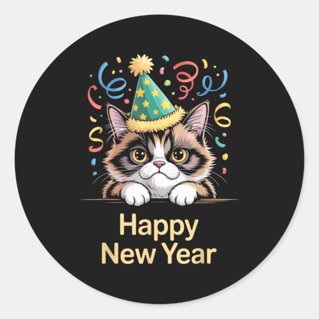 Pegatina Redonda Cute Party Cat Happy New Year Funny New Year’s Eve (Anverso)