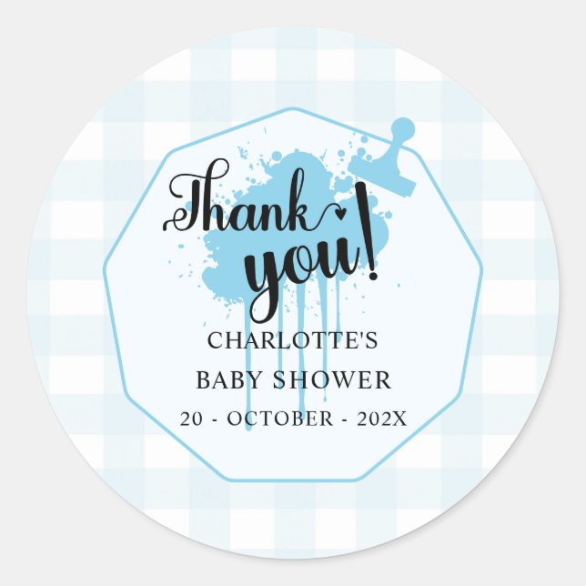 Pegatina Redonda Cute Pastel Blue Gingham Baby Shower (Anverso)