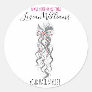 Pegatina Redonda Cute Pastel Bride Wavy Hairstyle Salón de pelo Flo