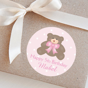 Pegatina Redonda Cute Pastel Cinta Rosa Teddy Bear Chica Cumpleaños