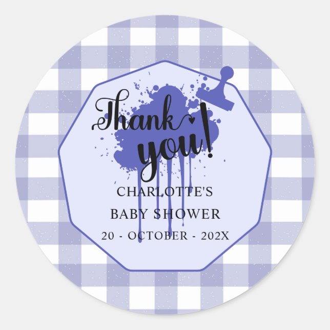 Pegatina Redonda Cute Pastel Navy Gingham Baby Shower (Anverso)