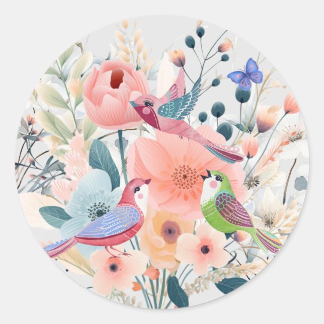 Pegatina Redonda Cute Pastel Primavera Acuarela Flores Pájaros (Anverso)