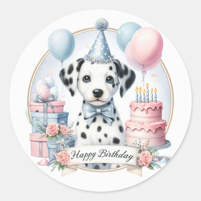 Pegatina Redonda Cute Pastel Puppy Dalmatian - Cumpleaños (Anverso)