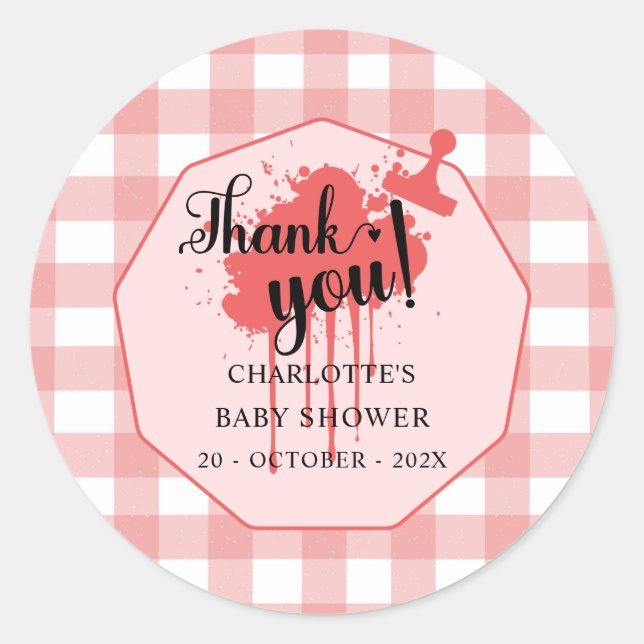 Pegatina Redonda Cute Pastel Red Gingham Baby Shower (Anverso)