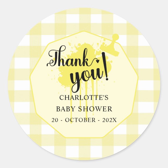 Pegatina Redonda Cute Pastel Yellow Gingham Baby Shower (Anverso)
