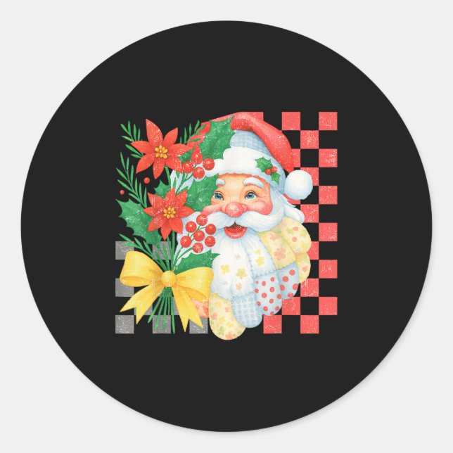 Pegatina Redonda Cute Patchwork Santa Claus Christmas Holiday Women (Anverso)