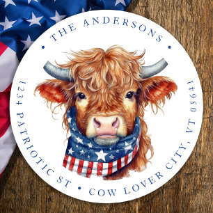 Pegatina Redonda Cute Patriotic Cow 4 De Julio Dirección De Regreso