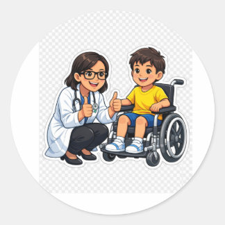 Pegatina Redonda Cute pediatric doctor and wheelchair boy sticker
