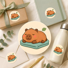 Pegatina Redonda Cute Pegajoso Capybara Durmiendo en Manta Sticker