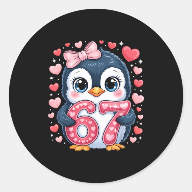 Pegatina Redonda Cute Penguin 67 Six Seven Valentine Hearts 6 7 Mem (Anverso)