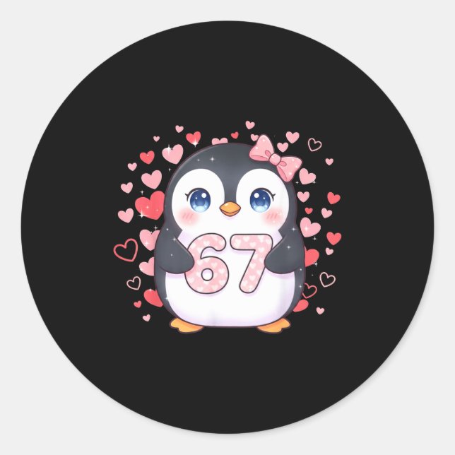 Pegatina Redonda Cute Penguin 67 Six Seven Valentine Hearts 6 7 Mem (Anverso)