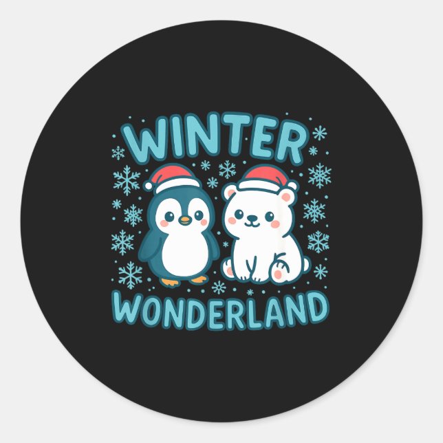 Pegatina Redonda Cute Penguin And Lar Bear Winter Wonderland Christ (Anverso)