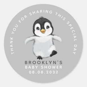 Pegatina Redonda Cute Penguin Baby Shower Gracias