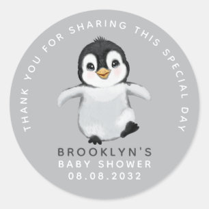 Pegatina Redonda Cute Penguin Baby Shower Gracias