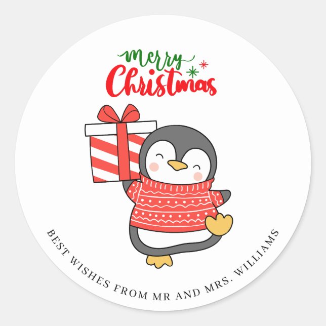 Pegatina Redonda Cute Penguin Feliz Navidad  (Anverso)