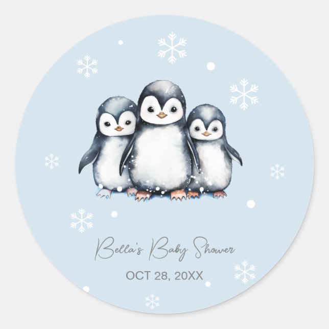 Pegatina Redonda Cute Penguin Winter Baby Shower (Anverso)