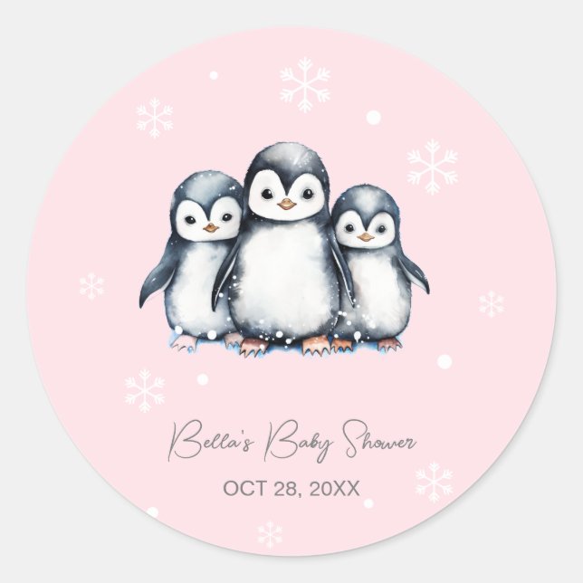 Pegatina Redonda Cute Penguin Winter Baby Shower (Anverso)