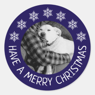 Pegatina Redonda Cute Perro con Foto de Papá Feliz Navidad Azul