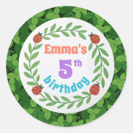 Pegatina Redonda Cute Personalizado Ladybug & Leaf 5º cumpleaños