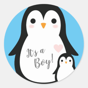 Pegatina Redonda Cute pingüino Baby Shower Blue Boy