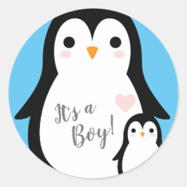 Pegatina Redonda Cute pingüino Baby Shower Blue Boy