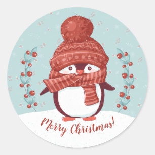 Pegatina Redonda Cute pingüino Feliz Navidad