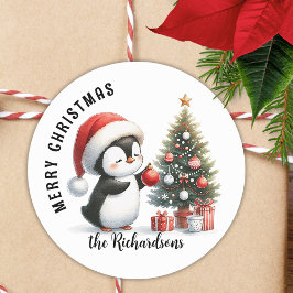 Pegatina Redonda Cute pingüino moderno personalizado Feliz Navidad