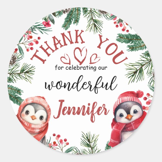 Pegatina Redonda Cute Pingüino Navidades 2º cumpleaños gracias (Anverso)