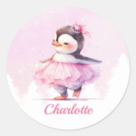 Pegatina Redonda Cute pingüino rosado Ballerina