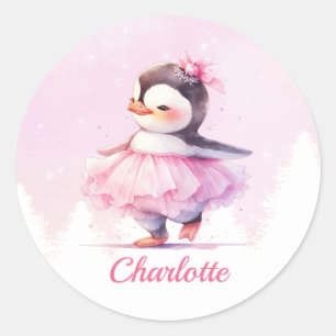 Pegatina Redonda Cute pingüino rosado Ballerina