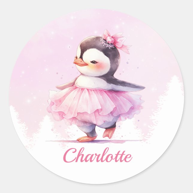 Pegatina Redonda Cute pingüino rosado Ballerina (Anverso)