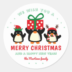 Pegatina Redonda Cute pingüinos Feliz Navidad