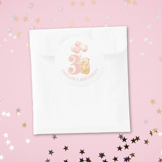 Pegatina Redonda Cute Pink 3 años Cumpleaños (Cute Stickers for birthday girl turning 3 years old, happy birthday personalized stickers for girl)